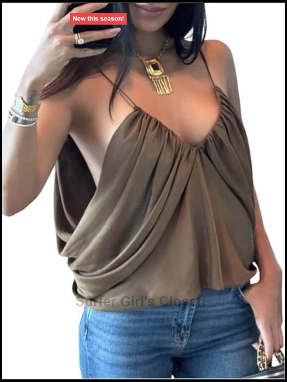 Satin Sleeveless Draped V Neck Cami Party Club Top Silk Feel Women